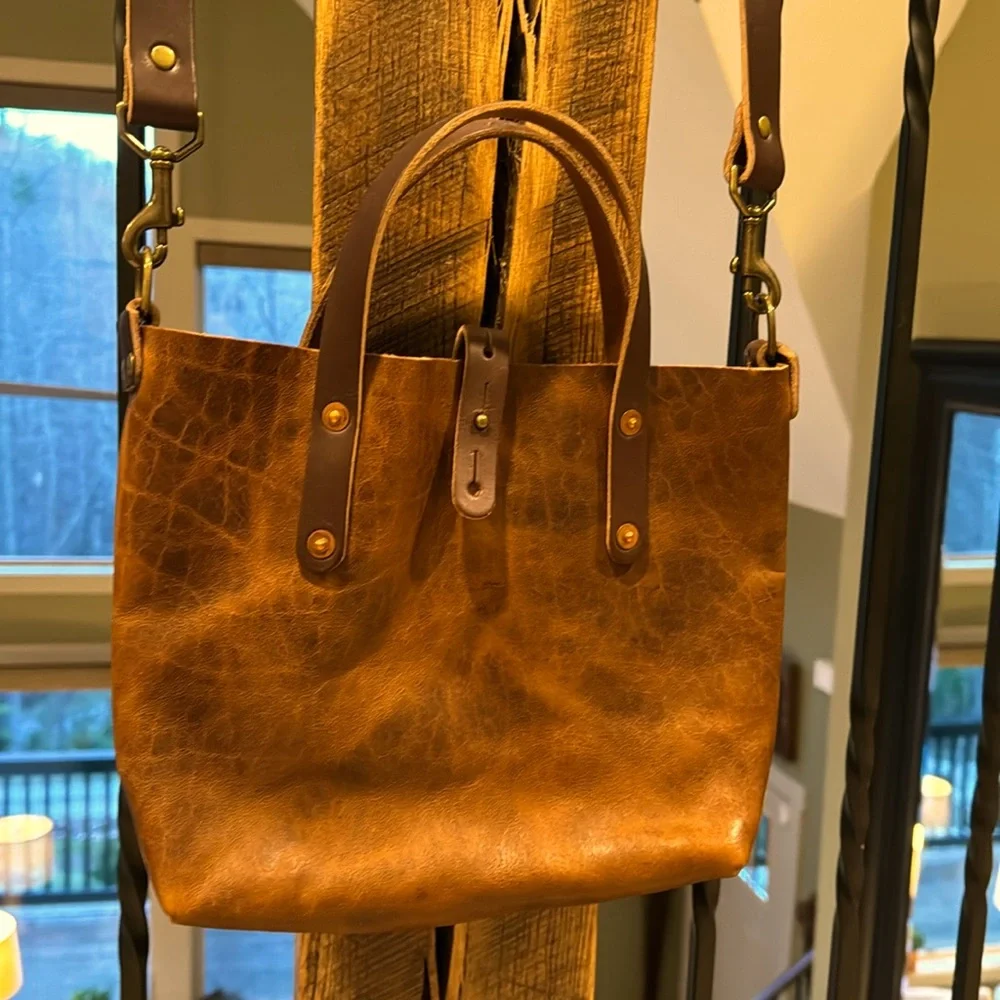 Go Forth Goods Avery Leather Tote Bag- Mini Crossbody- color: Peanut Bison - Picture 2 of 10